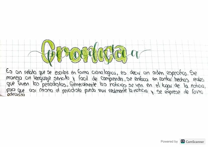 Gronya
Es on relato que se escribe en forma cronologica, es decir on orden especifico. Se
maneja on lenguaje sencillo y facil de comprender,