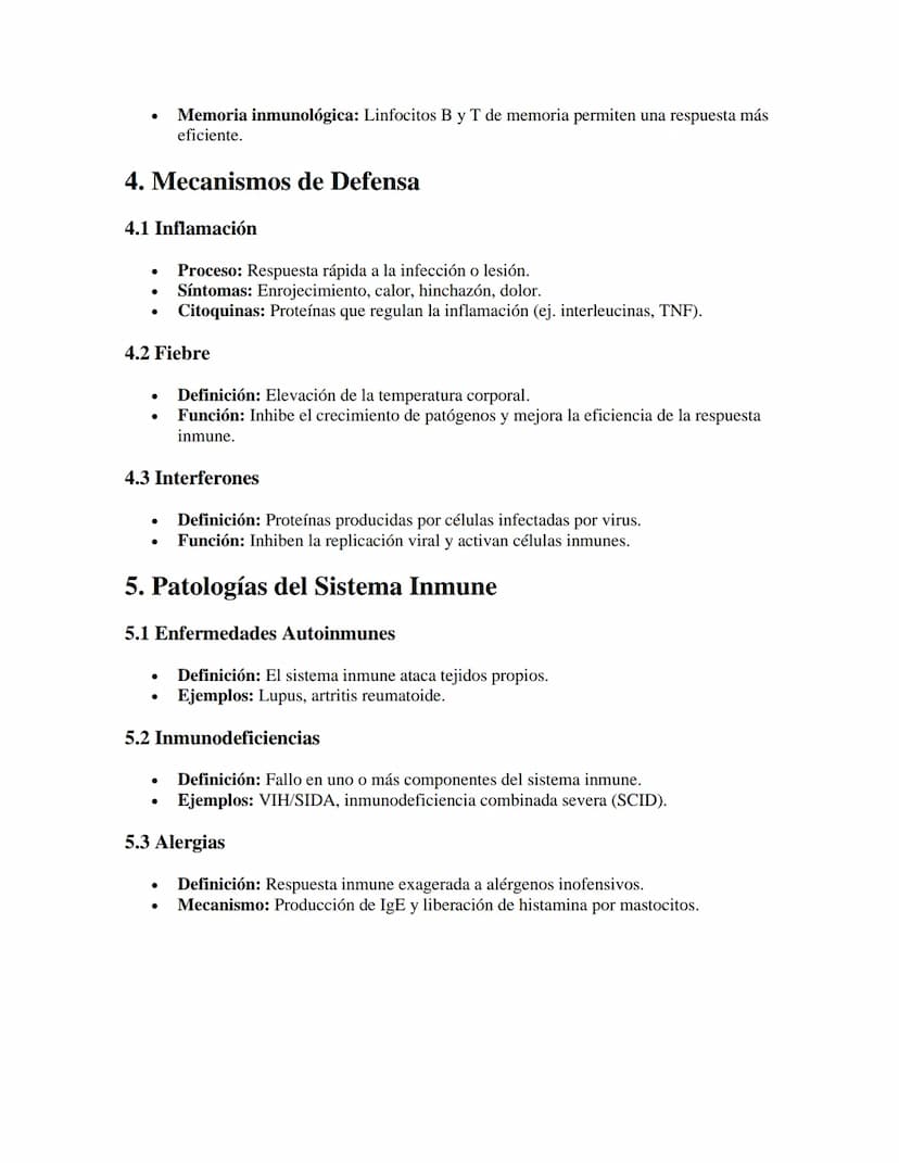 Respuestas Inmunes y Defensas del
Organismo
APUNTES//
1. Sistema Inmunológico
1.1 Componentes Principales
•
Órganos: Médula ósea, timo, gang