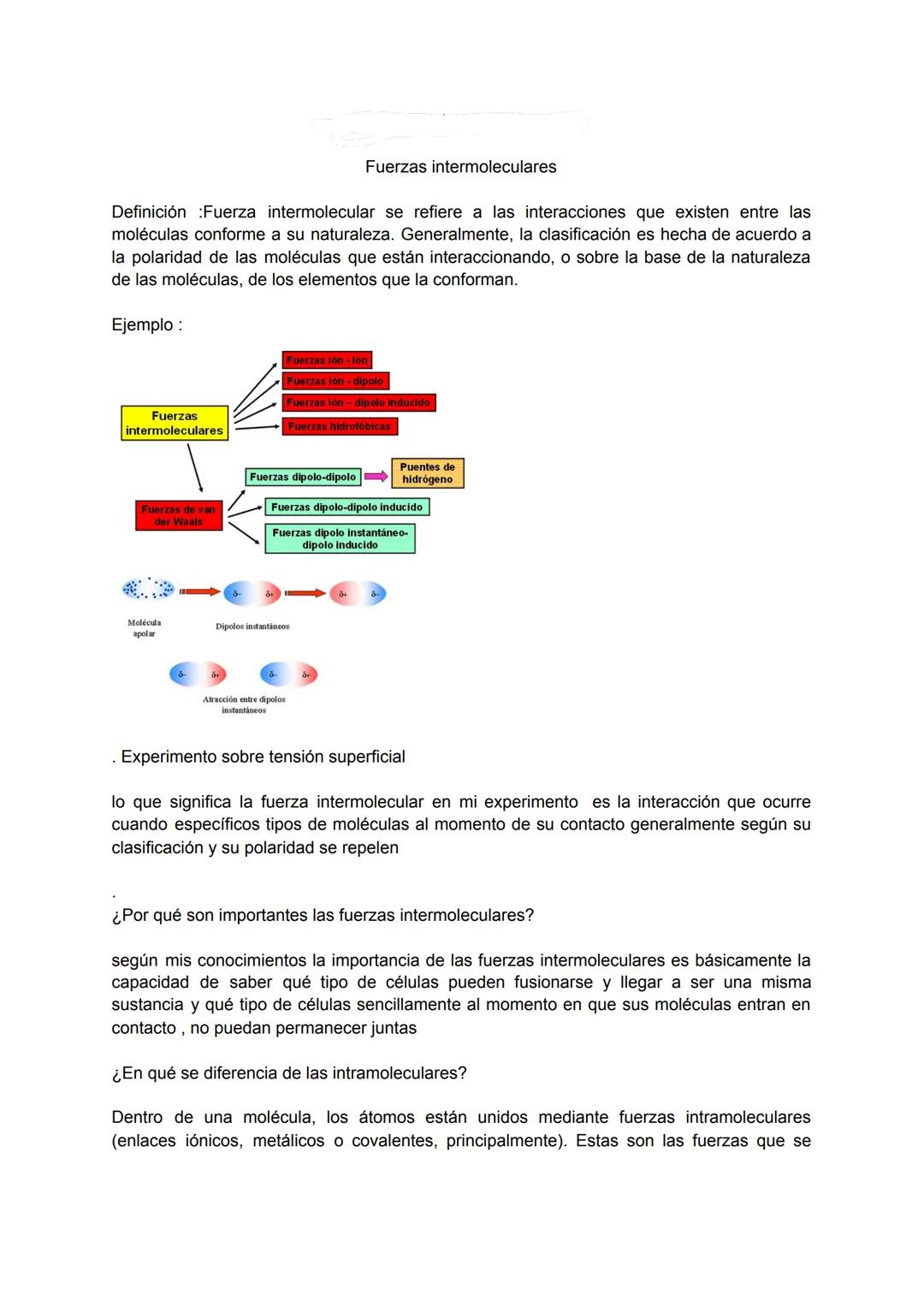 Fuerzas intermoleculares
Definición Fuerza intermolecular se refiere a las interacciones que existen entre las
moléculas conforme a su natur