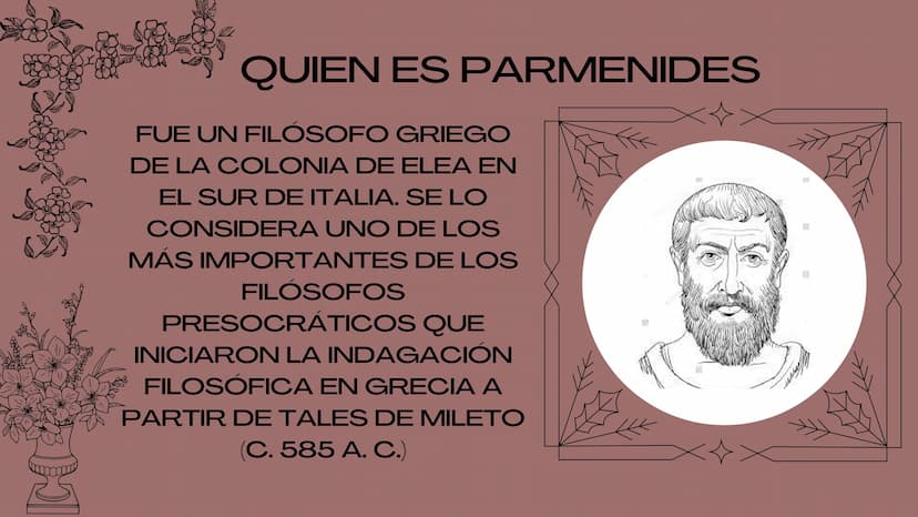 PARMENIDES DE
ELEA QUIEN ES PARMENIDES
FUE UN FILÓSOFO GRIEGO
DE LA COLONIA DE ELEA EN
EL SUR DE ITALIA. SE LO
CONSIDERA UNO DE LOS
MÁS IMPO