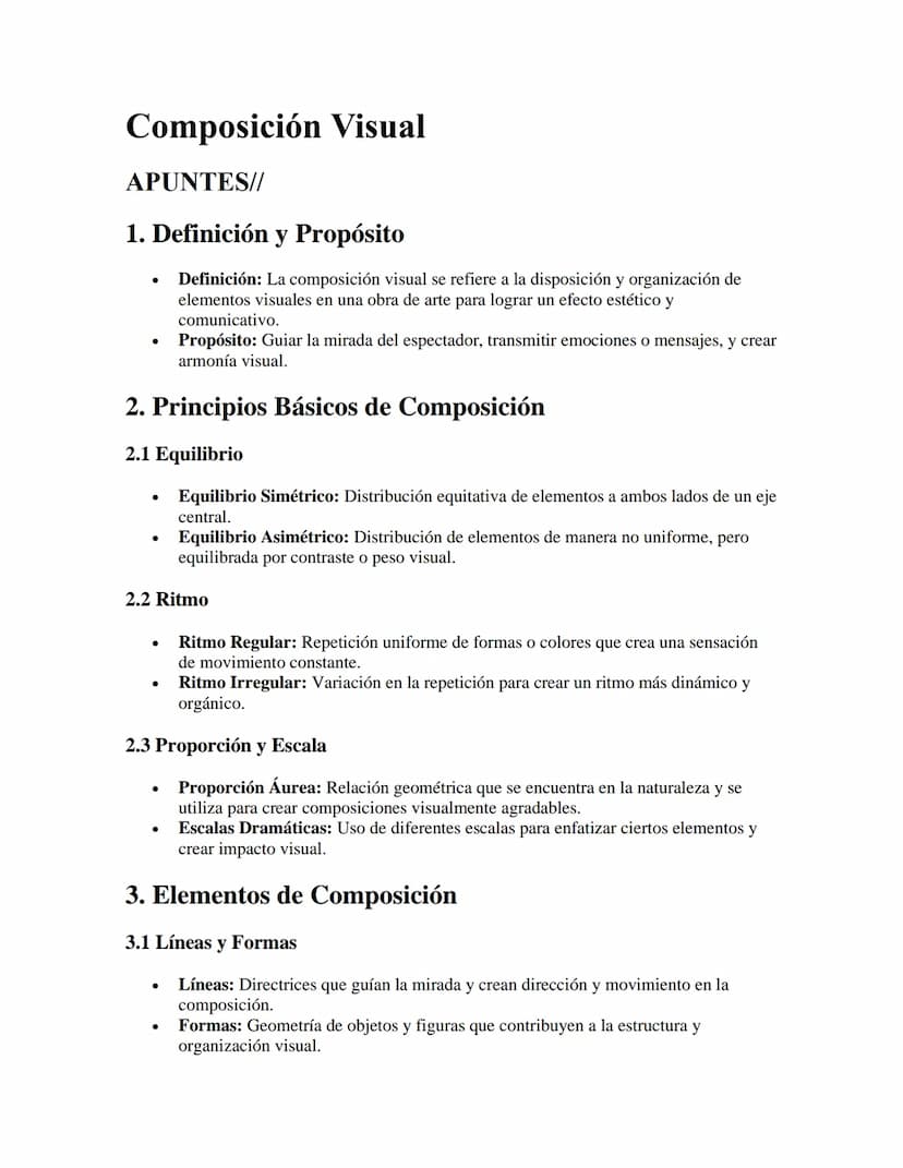 Composición Visual
APUNTES//
1. Definición y Propósito
•
•
Definición: La composición visual se refiere a la disposición y organización de
e