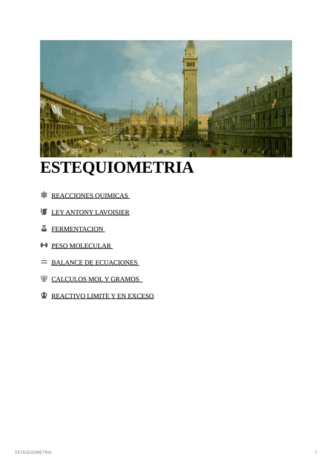 ESTEQUIOMETRIA
REACCIONES QUIMICAS
LEY ANTONY LAVOISIER
□ FERMENTACION
PESO MOLECULAR
= BALANCE DE ECUACIONES
CALCULOS MOL Y GRAMOS
REACTIVO