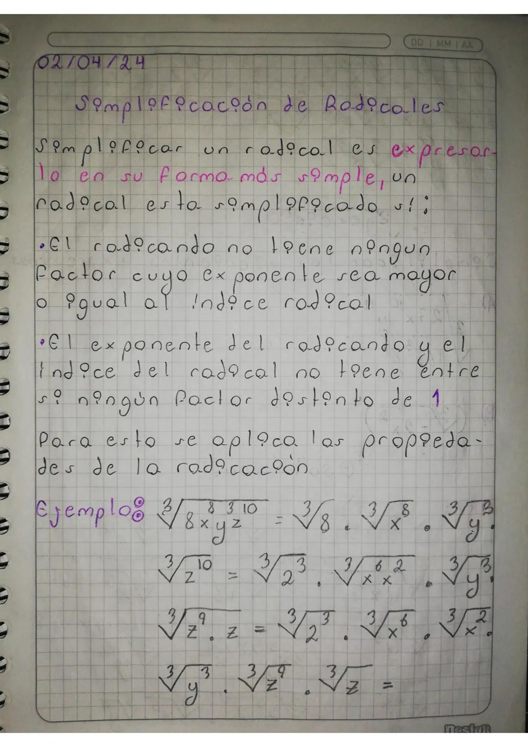 DDI MMI AA
02/04/24
Simplificación de Rodicales
- Simplificar un radical es expresor-
To en su forma más simple, un
radical esta simplificad