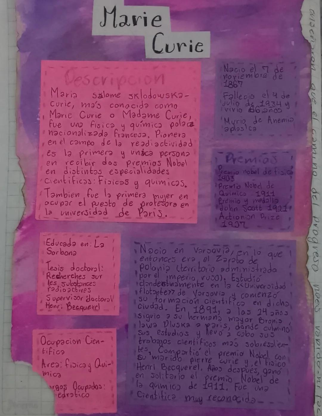 # Marie

# Curie

# Descripcion
Maria Salome sklodowska-
Curie, ma's conocida como
Marie Curie o Madame Curie,
fue una fisica y química pola