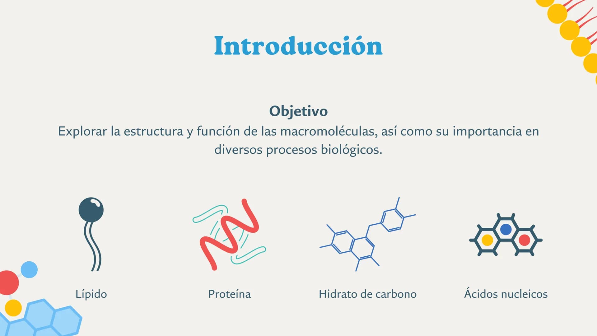 MACROMOLÉCULAS Introducción
Objetivo
Explorar la estructura y función de las macromoléculas, así como su importancia en
diversos procesos bi