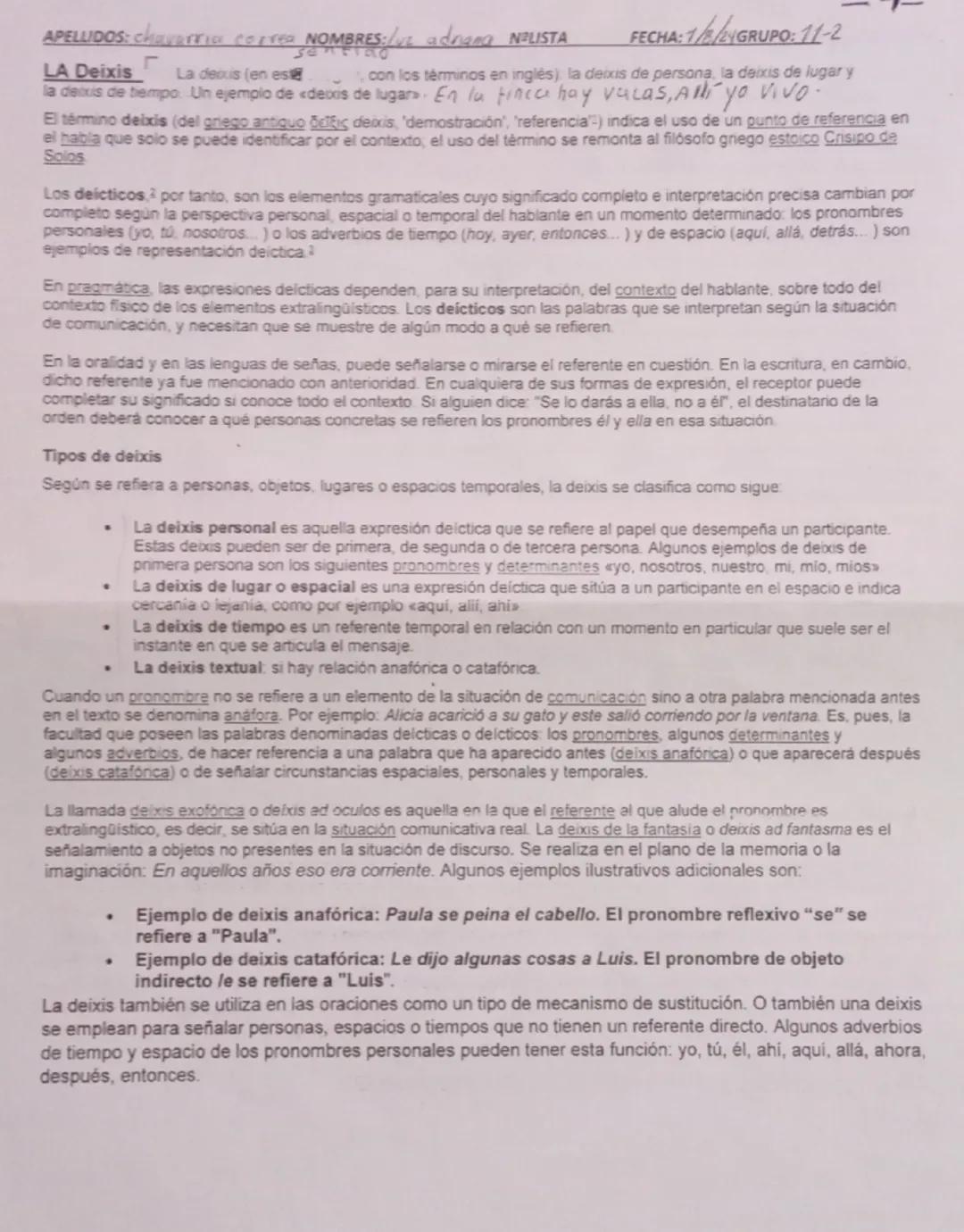 APELLIDOS: chavarri correa NOMBRES: /vt adnana NELISTA
LA Deixis
SENTIRO
Γ
La debuis (en est
FECHA: 1/8/24 GRUPO: 11-2
con los términos en i