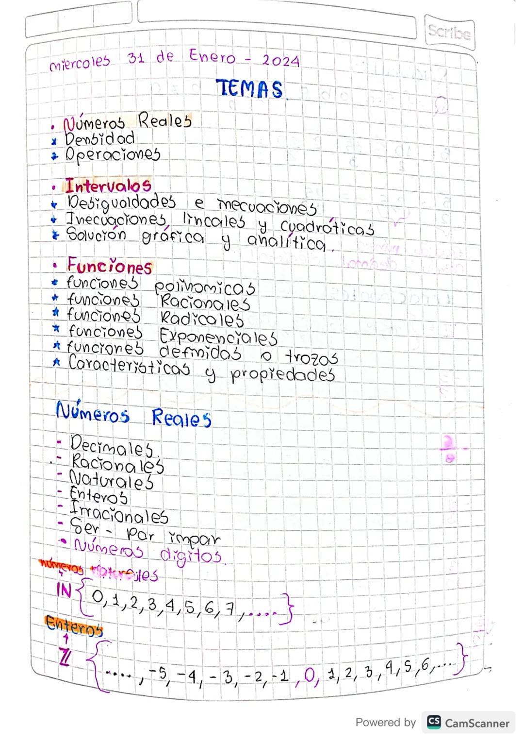 Scribe
Miercoles
.
31 de Enero - 2024
Números Reales.
* Denbidad
+ Operaciones
•
*
Intervalos
TEMAS
Desigualdades e inecuaciones
* Inecuacio