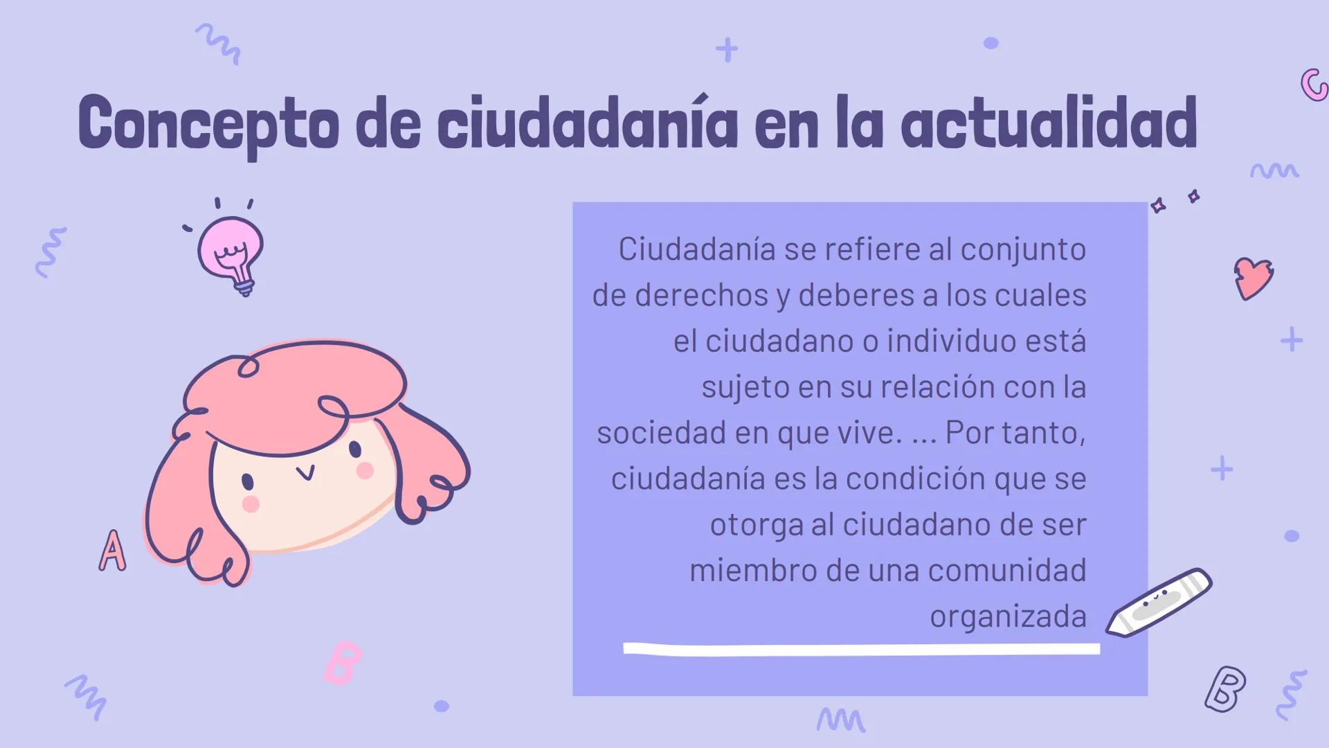 m
A
m
+
M
La ciudadania
y su evolucion!!
+
M
B
(90)
w ¿Qué es la ciudadanía?
-El término proviene del latín 'civetas', que significa ciudad.