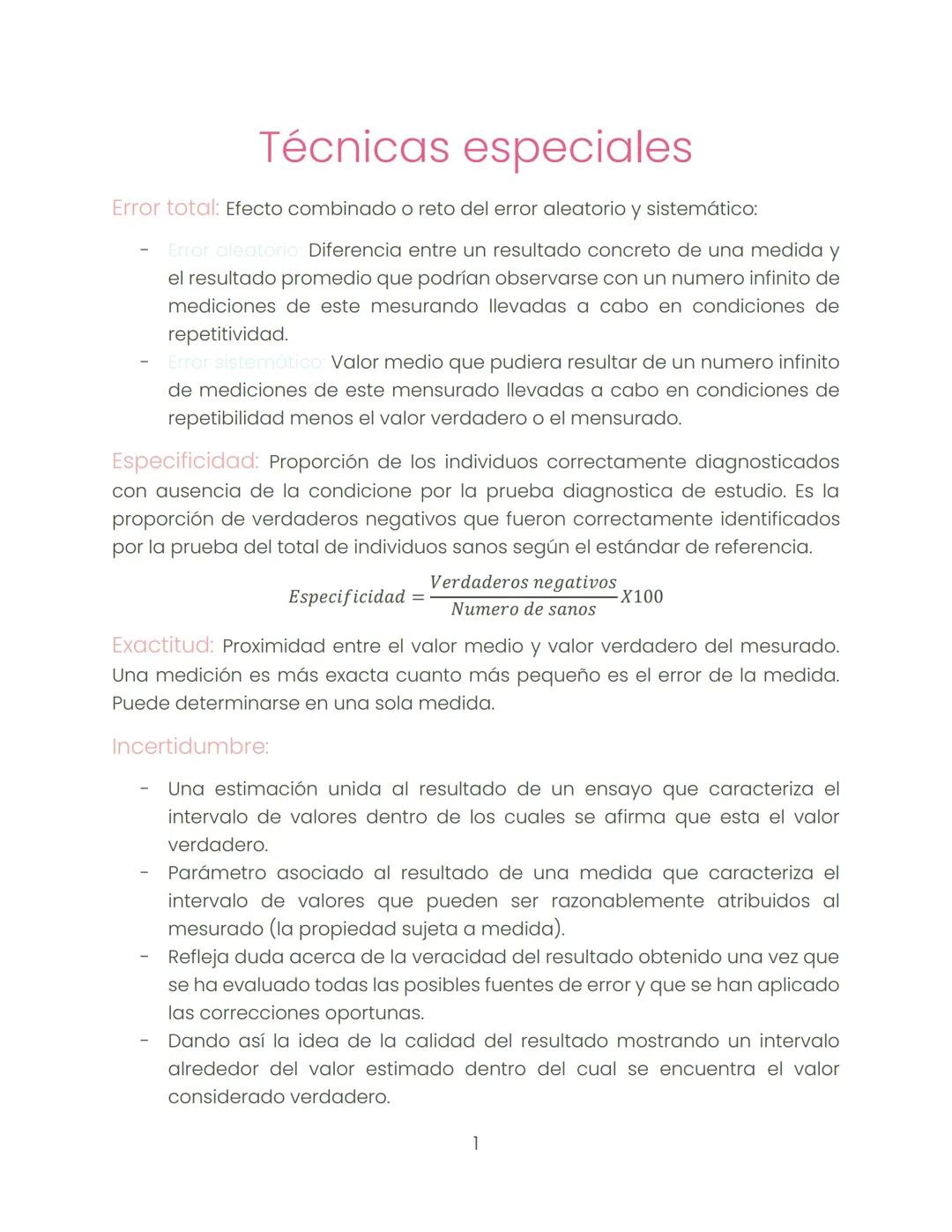 Técnicas especiales
Error total: Efecto combinado o reto del error aleatorio y sistemático:
-
Error aleatorio: Diferencia entre un resultado