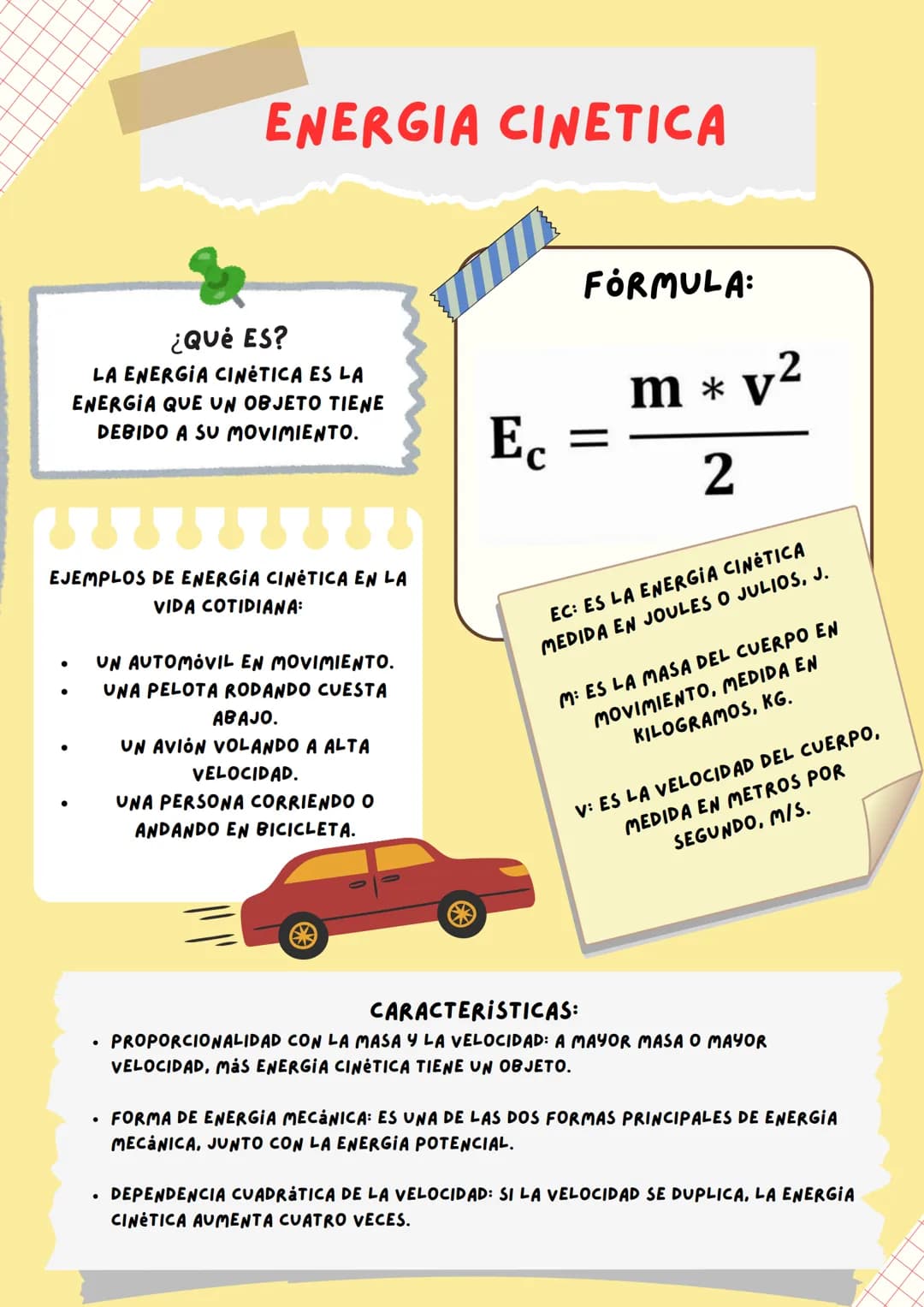 ENERGIA CINETICA
¿Qué ES?
LA ENERGIA CINÉTICA ES LA
ENERGIA QUE UN OBJETO TIENE
DEBIDO A SU MOVIMIENTO.
Ec
FÓRMULA:
m * v2
2
(888888888
EJEM