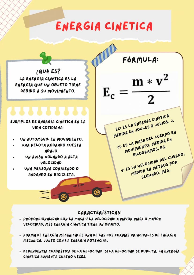 ENERGIA CINETICA
¿Qué ES?
LA ENERGIA CINÉTICA ES LA
ENERGIA QUE UN OBJETO TIENE
DEBIDO A SU MOVIMIENTO.
Ec
FÓRMULA:
m * v2
2
(888888888
EJEM