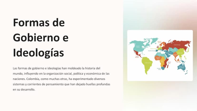 Formas de
Gobierno e
Ideologías
Las formas de gobierno e ideologías han moldeado la historia del
mundo, influyendo en la organización social