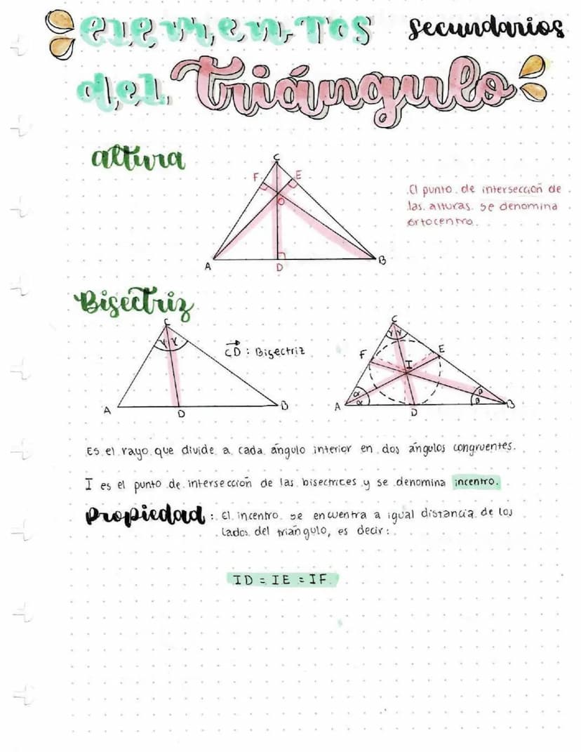 الہ
Pierren TOS Secundarios
del. Tridungurlo?
altura
Bisectriz
CD: Bisectriz
B
Cl punto de interseccion de
las. alturas. se denomina
orto ce