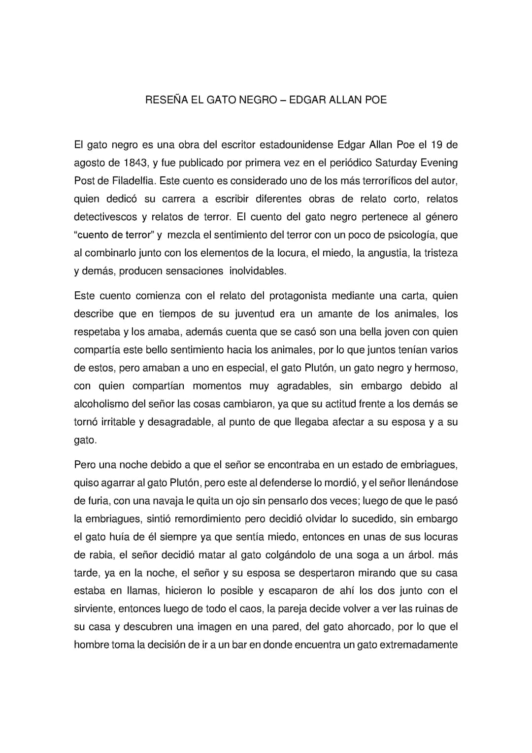 Reseña de "El Gato Negro" de Edgar Allan poe
