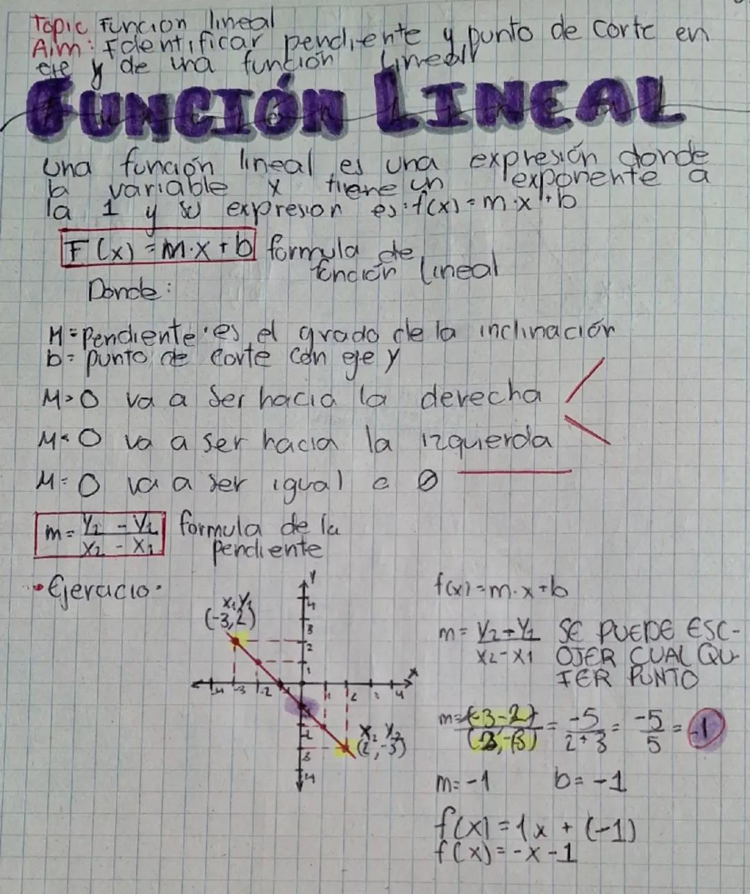 Topic Funcion lineal
Aim: Folentificar pendiente y punto de corte en
Cle
de una funcion
FUNCION LINEAL
una función lineal, es una expresión 