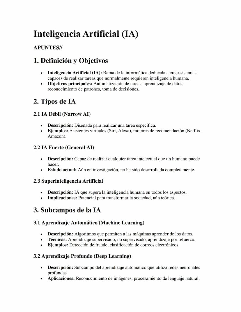 Inteligencia Artificial (IA)
APUNTES//
1. Definición y Objetivos
•
•
Inteligencia Artificial (IA): Rama de la informática dedicada a crear s