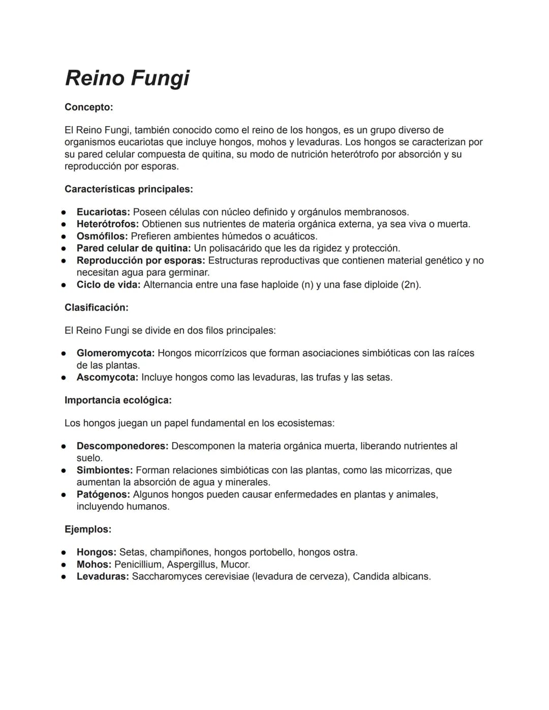 •
•
Reino Fungi
Concepto:
El Reino Fungi, también conocido como el reino de los hongos, es un grupo diverso de
organismos eucariotas que inc