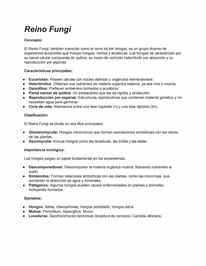 •
•
Reino Fungi
Concepto:
El Reino Fungi, también conocido como el reino de los hongos, es un grupo diverso de
organismos eucariotas que inc