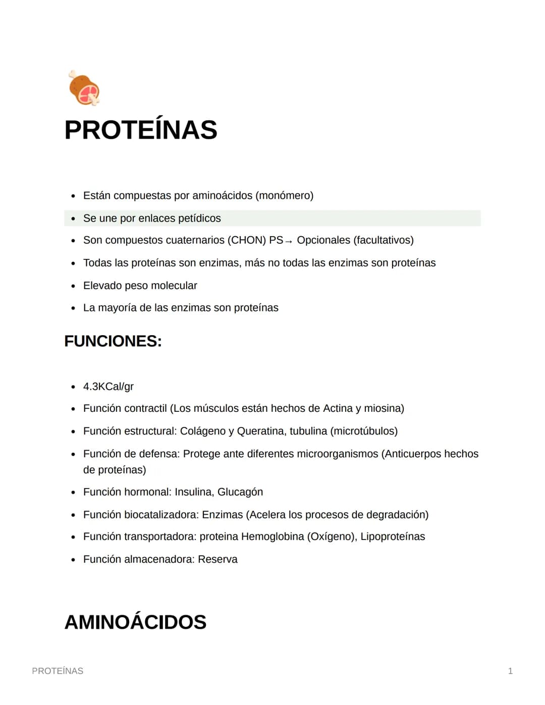 PROTEÍNAS
• Están compuestas por aminoácidos (monómero)
• Se une por enlaces petídicos
• Son compuestos cuaternarios (CHON) PS→ Opcionales (