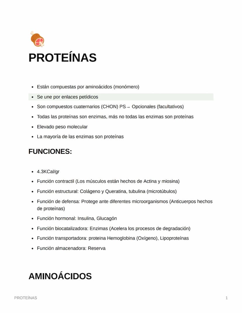 PROTEÍNAS
• Están compuestas por aminoácidos (monómero)
• Se une por enlaces petídicos
• Son compuestos cuaternarios (CHON) PS→ Opcionales (