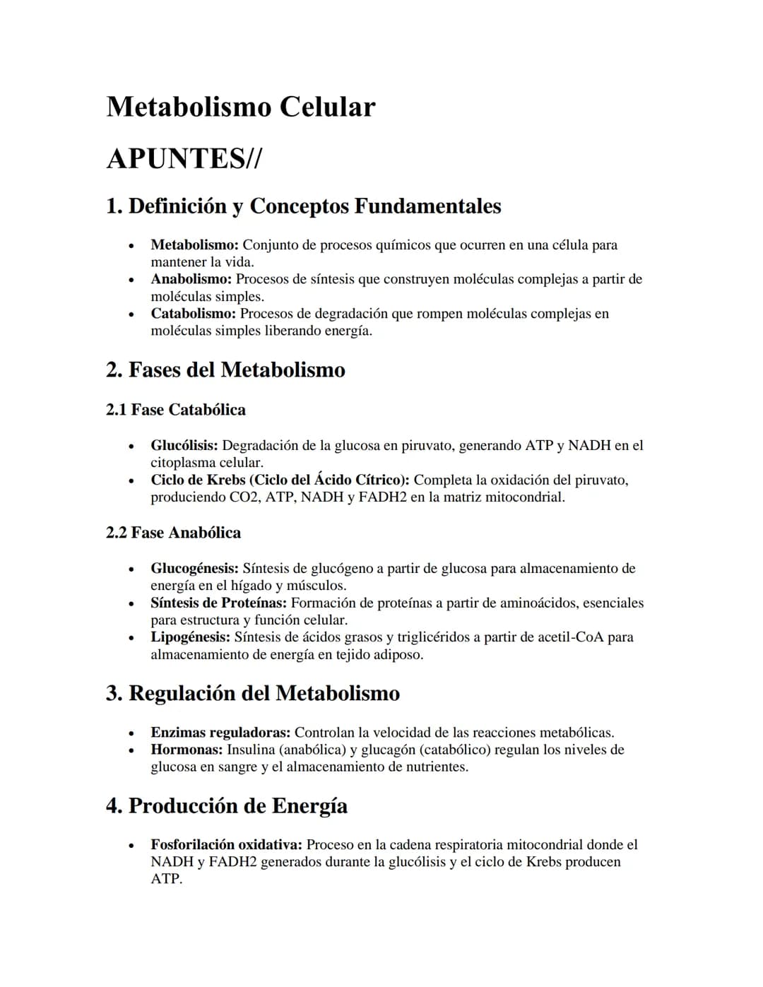 Metabolismo Celular
APUNTES//
1. Definición y Conceptos Fundamentales
•
•
•
Metabolismo: Conjunto de procesos químicos que ocurren en una cé