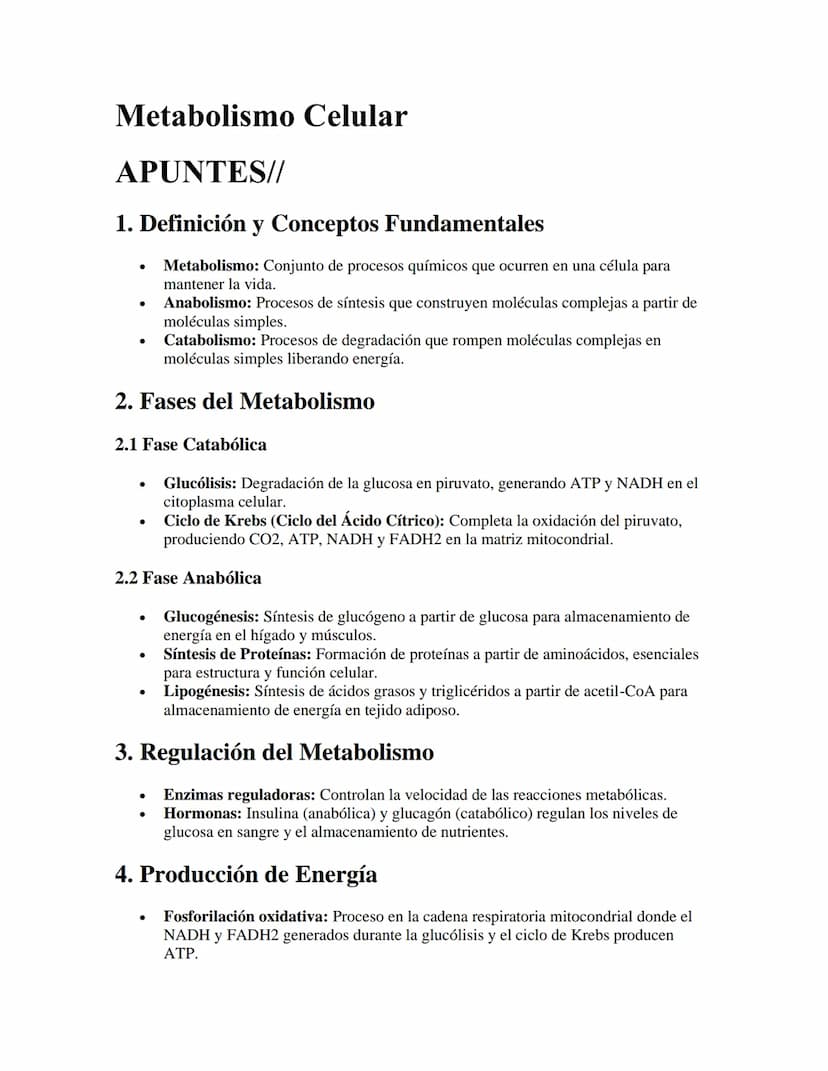 Metabolismo Celular
APUNTES//
1. Definición y Conceptos Fundamentales
•
•
•
Metabolismo: Conjunto de procesos químicos que ocurren en una cé