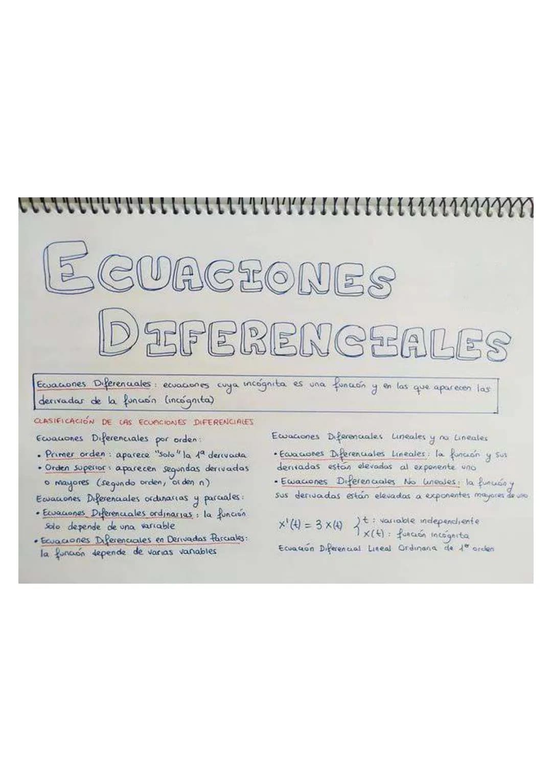 u
uu uu mm
ECUACIONES
DIFERENCIALES
Ecuaciones Diferenciales: ecuaciones cuya incógnita es una
derivadas de la función (incógnita)
CLASIFICA