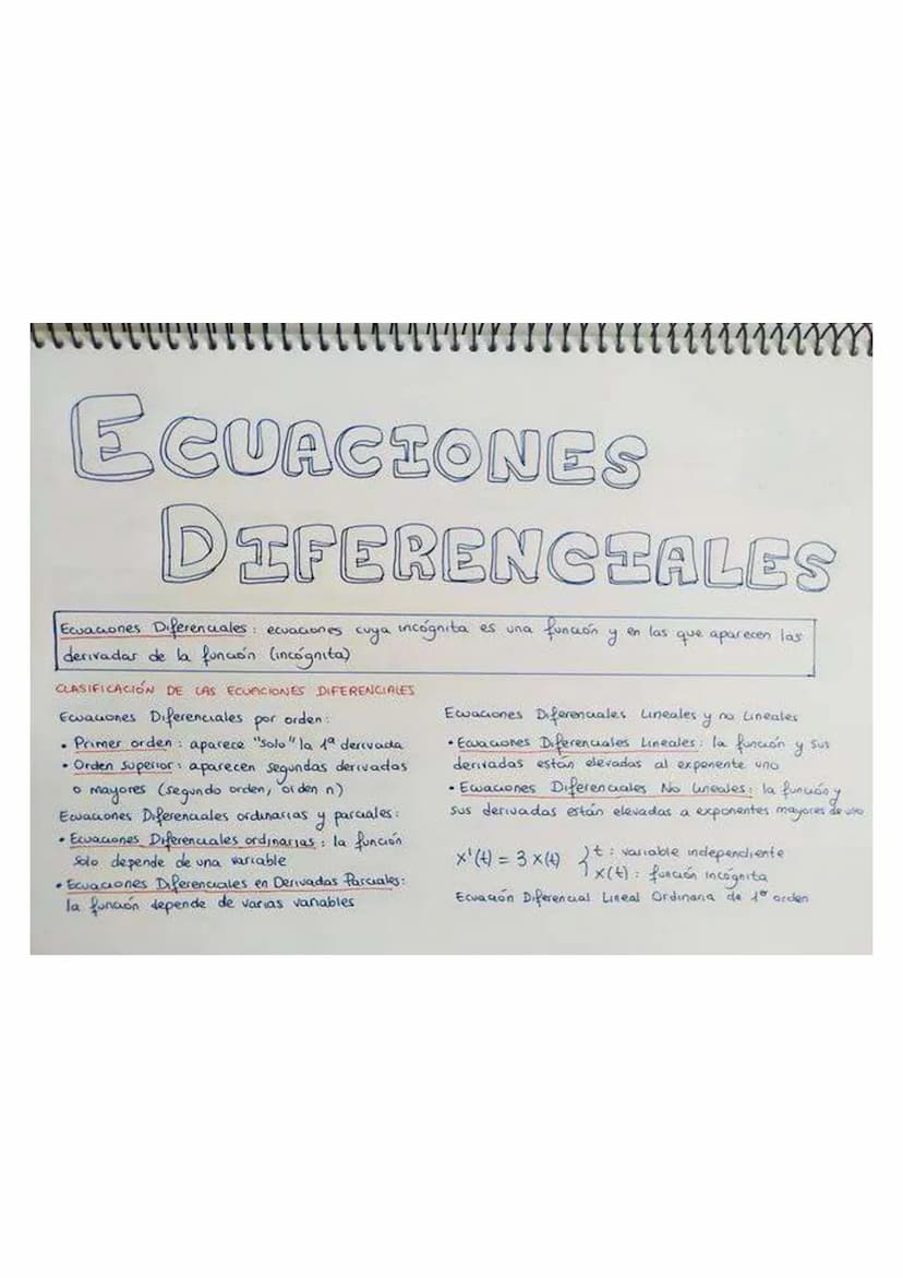 u
uu uu mm
ECUACIONES
DIFERENCIALES
Ecuaciones Diferenciales: ecuaciones cuya incógnita es una
derivadas de la función (incógnita)
CLASIFICA