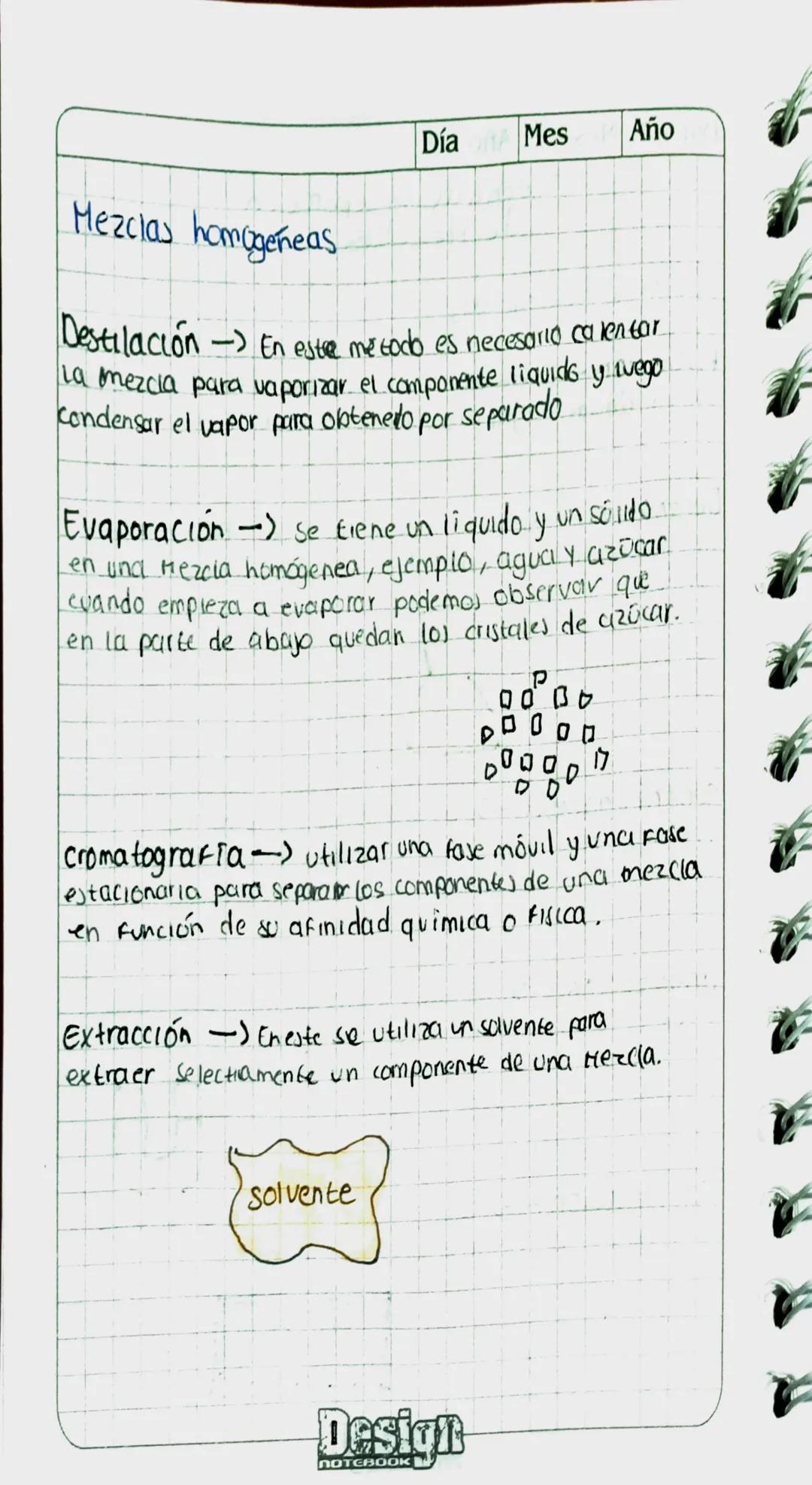 Día
Mes
Año
Técnicas de separación
de Mezclas
Hez(i) Heterogeneas
Filtración Retener las particulas sólidas y permitir
que el liquido o gas 