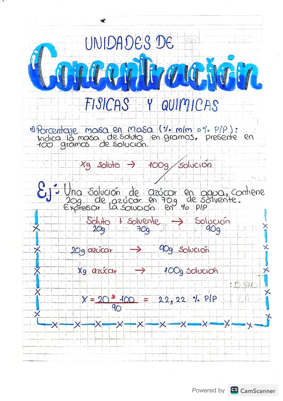 UNIDADES DE
Concentración
FISICAS Y QUIMICAS
Porcentaje masa en masa (% m/m 0% P/P):
Indica la masa de soluto en gramos, presente en
100 gra