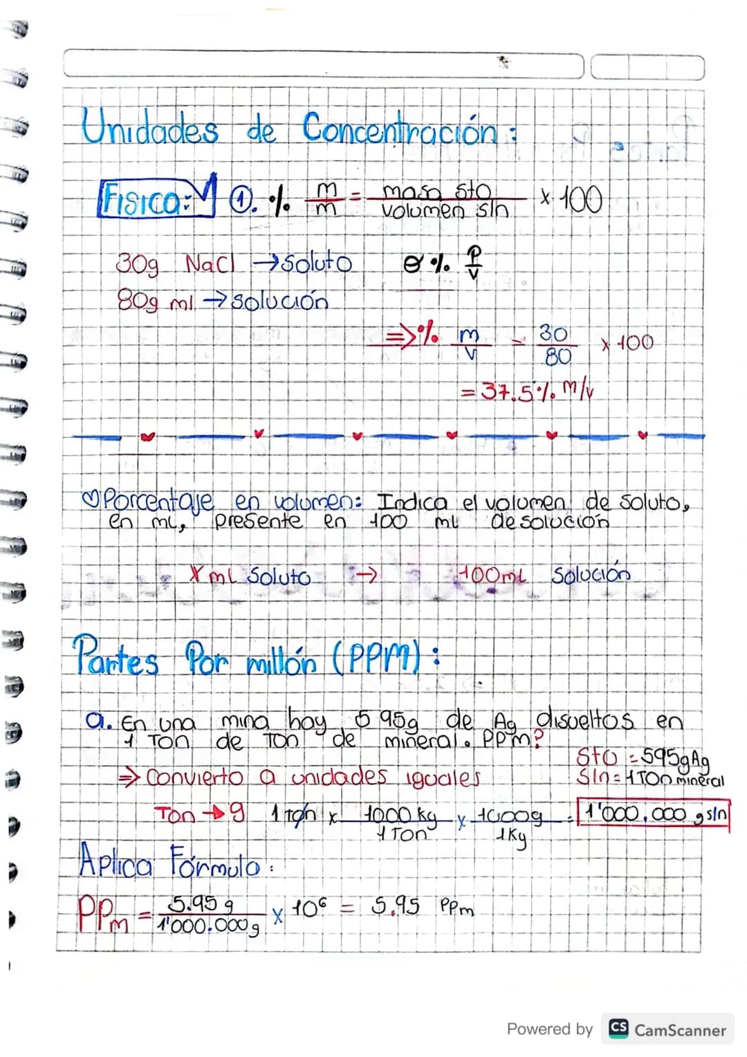 UNIDADES DE
Concentración
FISICAS Y QUIMICAS
Porcentaje masa en masa (% m/m 0% P/P):
Indica la masa de soluto en gramos, presente en
100 gra
