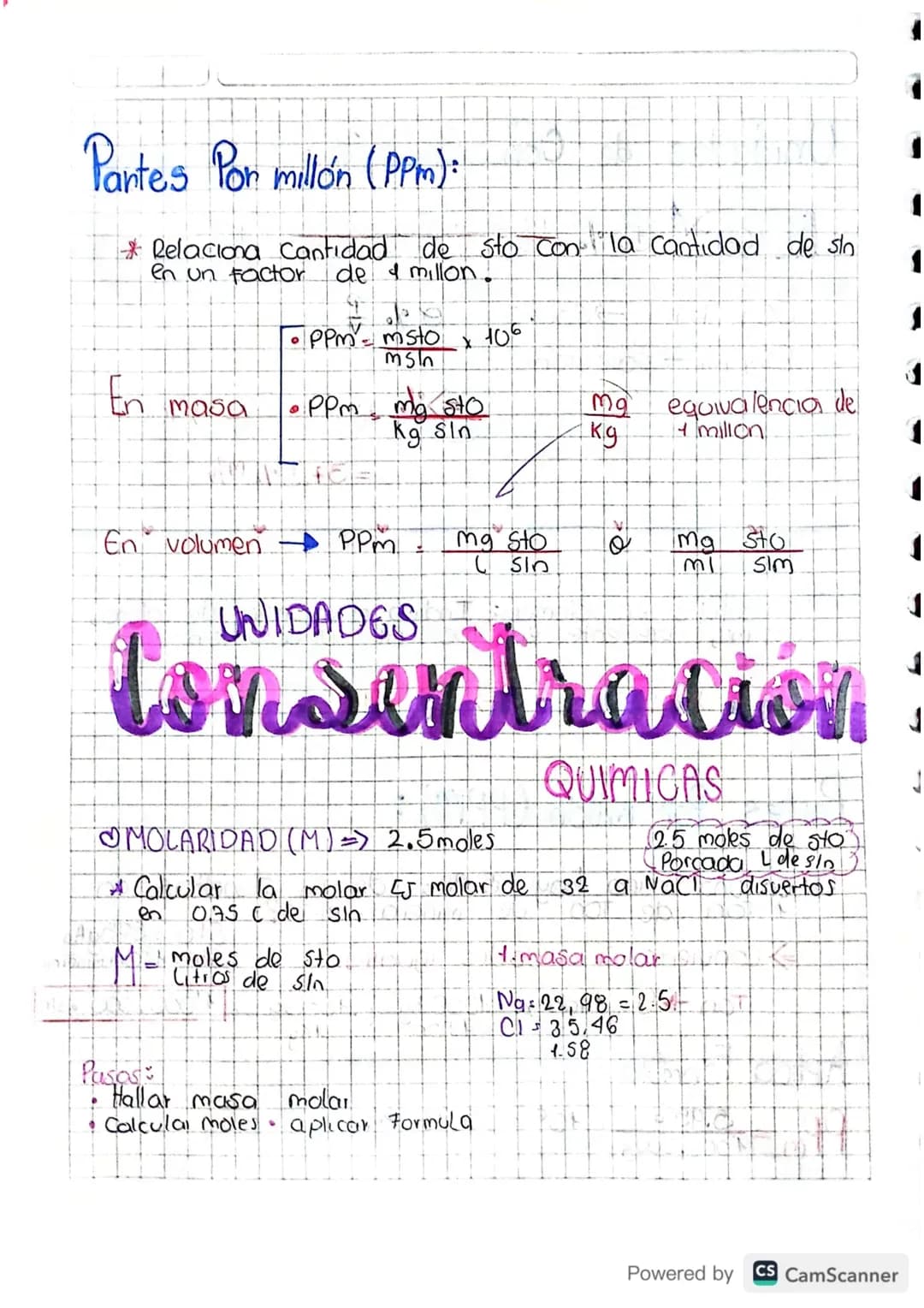 UNIDADES DE
Concentración
FISICAS Y QUIMICAS
Porcentaje masa en masa (% m/m 0% P/P):
Indica la masa de soluto en gramos, presente en
100 gra