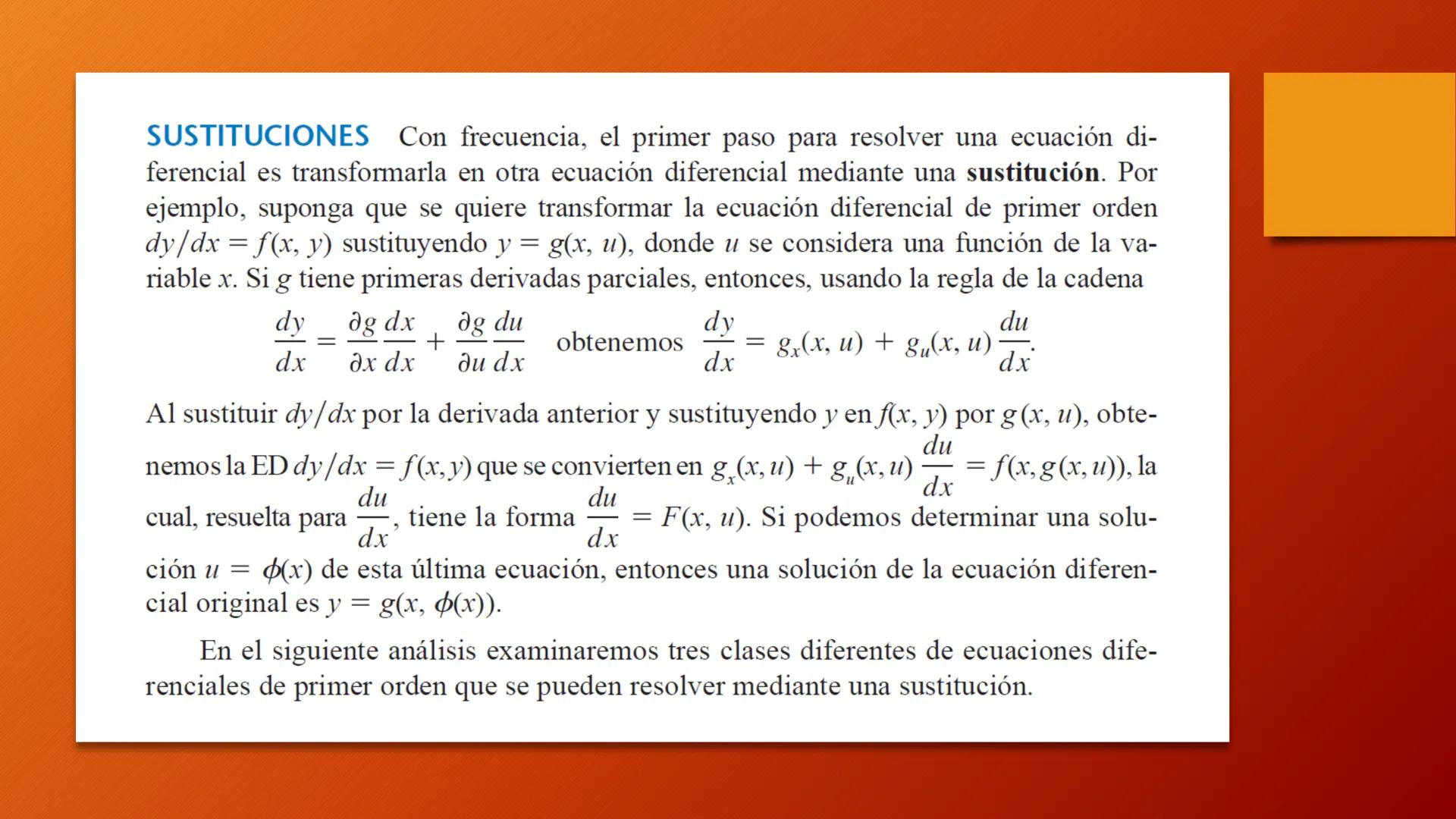 # ECUACIONES
## DIFERENCIALES
PRIMER ORDEN - SUSTITUCIONES SOLUCIONES POR SUSTITUCIÓN

INTRODUCCIÓN Normalmente resolvemos una ecuación dife