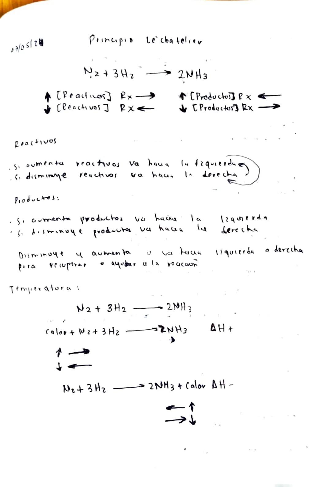 07/05/20
Principio Lechatelier
N2 + 3H2
2NH3
Reactivos
[Reactivos] Rx →
↑ [Productos] Rx
[Reactives] RX<
[Productur] Rx
. Si aumenta
reactiv