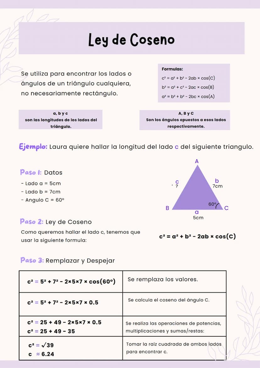 Ley de Coseno
Se utiliza para encontrar los lados o
ángulos de un triángulo cualquiera,
no necesariamente rectángulo.
Formulas:
c² = a² + b²