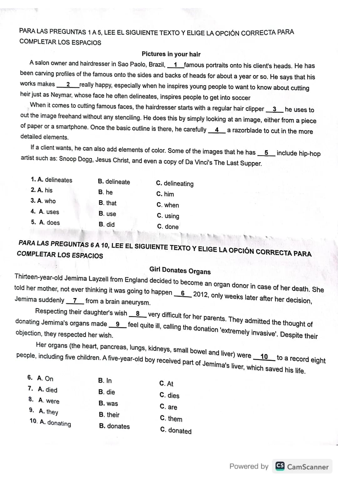 PARA LAS PREGUNTAS 1 A 5, LEE EL SIGUIENTE TEXTO Y ELIGE LA OPCIÓN CORRECTA PARA
COMPLETAR LOS ESPACIOS
Pictures in your hair
A salon owner 