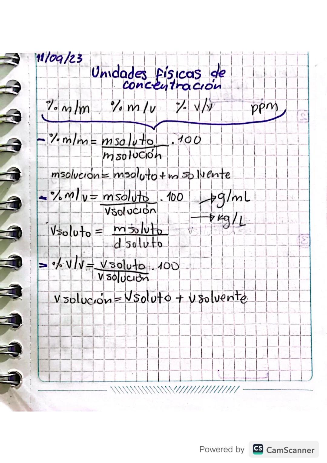 11/09/23
Unidades físicas de
concentración
% m/m % m/v % 1/1
Tom/m
% m/m = msoluto 1.100
msolución
msolución msoluto +m solvente.
% m/v = ms