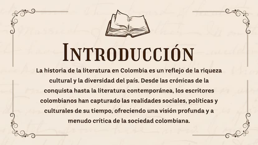 HISTORIA DE LA
he
LITERATURA
EN COLOMBIA
Nombre: XXXX
now. 01 Introducción
02
Historia de la Literatura
03
Los Personajes
04 Obras Clásicas
