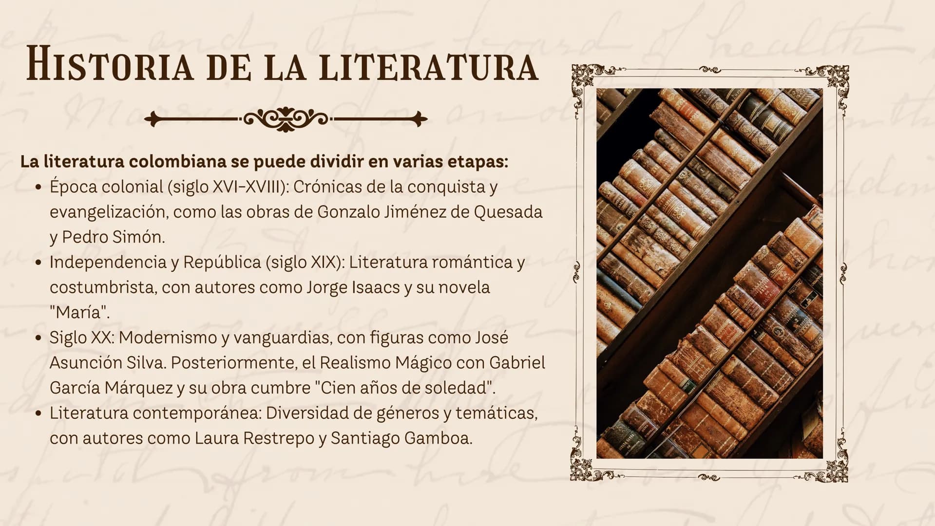 HISTORIA DE LA
he
LITERATURA
EN COLOMBIA
Nombre: XXXX
now. 01 Introducción
02
Historia de la Literatura
03
Los Personajes
04 Obras Clásicas
