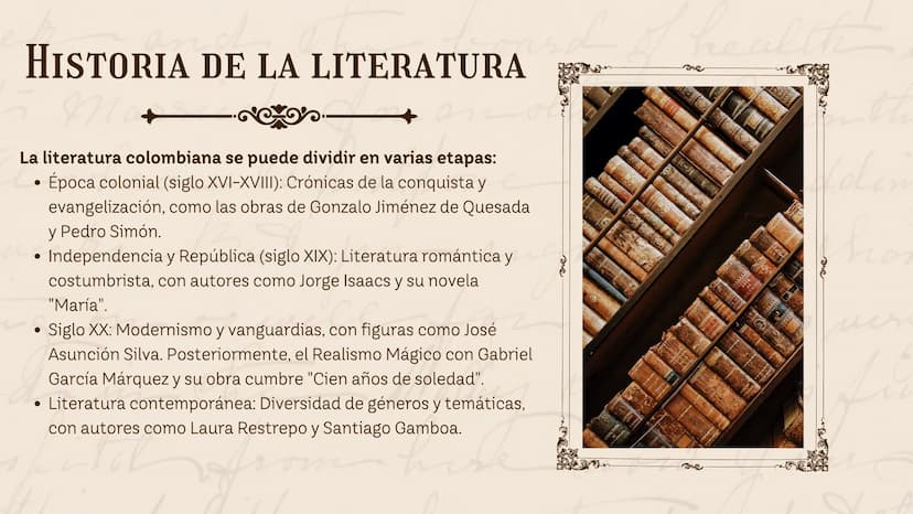 HISTORIA DE LA
he
LITERATURA
EN COLOMBIA
Nombre: XXXX
now. 01 Introducción
02
Historia de la Literatura
03
Los Personajes
04 Obras Clásicas
