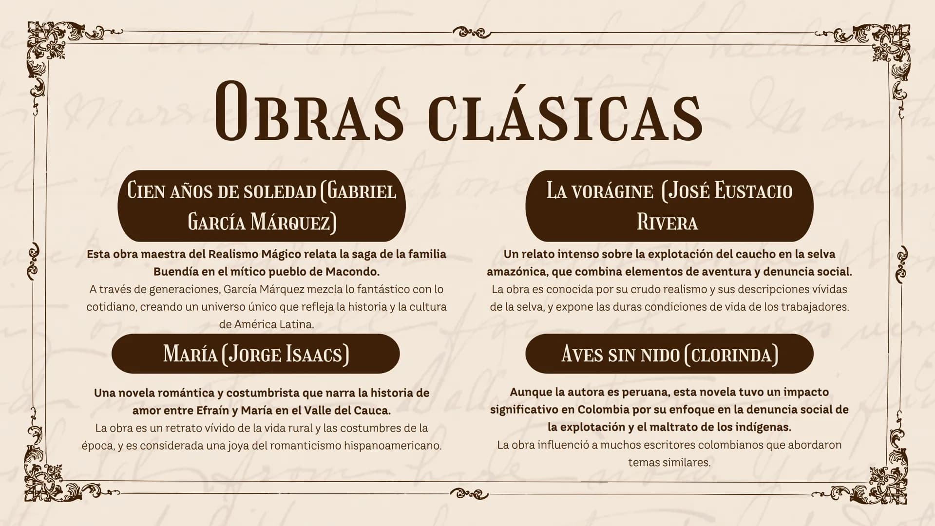 HISTORIA DE LA
he
LITERATURA
EN COLOMBIA
Nombre: XXXX
now. 01 Introducción
02
Historia de la Literatura
03
Los Personajes
04 Obras Clásicas
