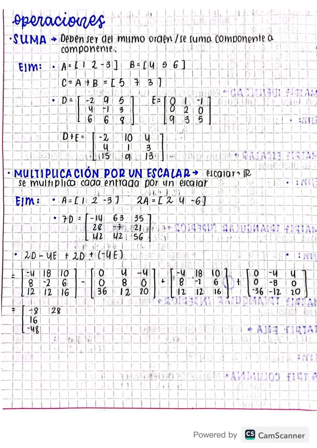 operaciones
SUMA Deben ser del mismo orden/se (uma componente a
EIM:
.
componente
A=L2-3] B = [456]
C=A+B=[573]
.
CAI FISLAM
D=
-2
19 5
E=
प