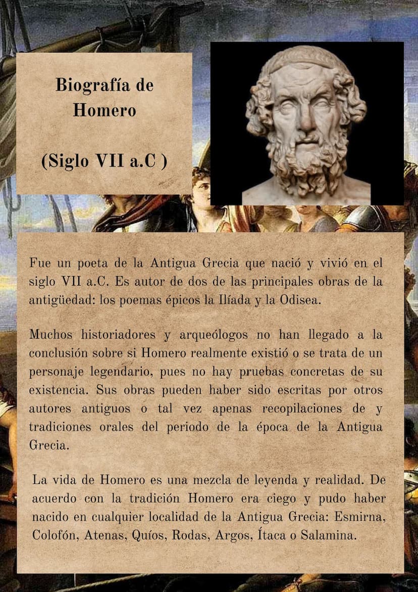 Biografía de
Homero
(Siglo VII a.C)
Fue un poeta de la Antigua Grecia que nació y vivió en el
siglo VII a.C. Es autor de dos de las principa