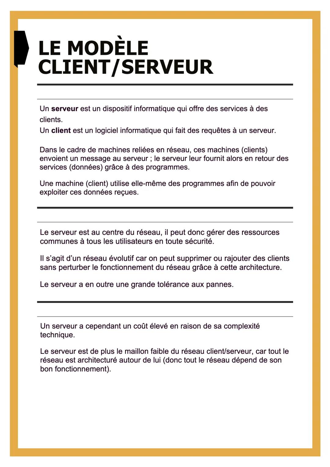 # LE MODÈLE
CLIENT/SERVEUR

Un serveur est un dispositif informatique qui offre des services à des
clients.
Un client est un logiciel inform