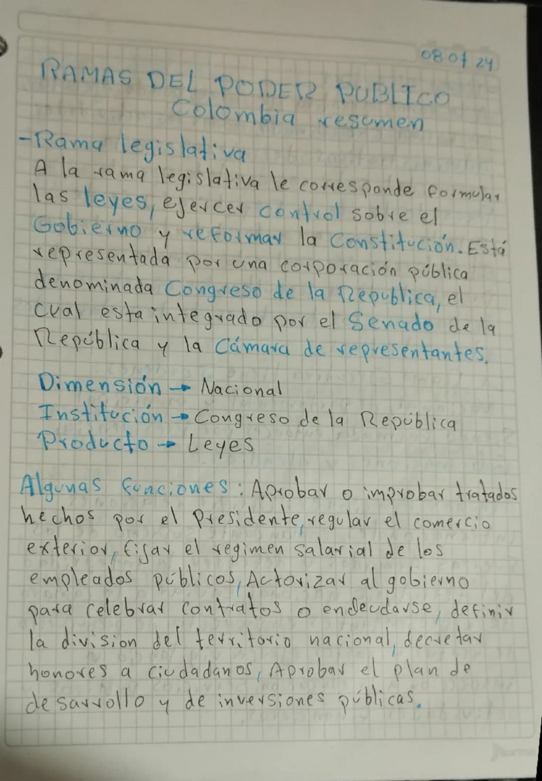 08 of 24
RAMAS DEL PODER PUBLICO
Colombia resumen
-Rama legislativa
A la rama legislativa le corresponde formular
las leyes, ejercer control