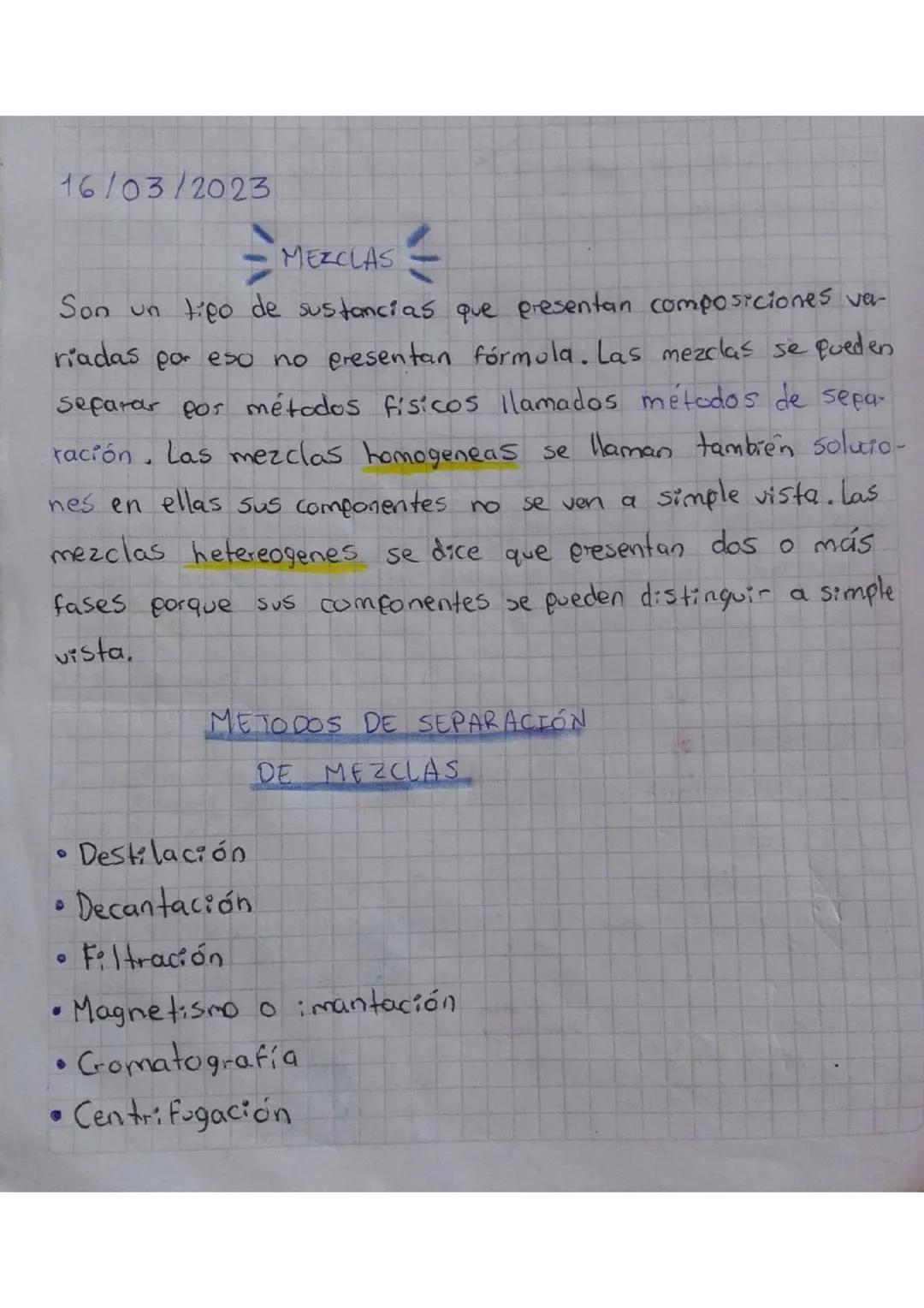 16/03/2023
MEZCLAS
Son un tipo de sustancias que presentan composiciones ver
riadas por eso no presentan fórmula. Las mezclas se queden
sepa