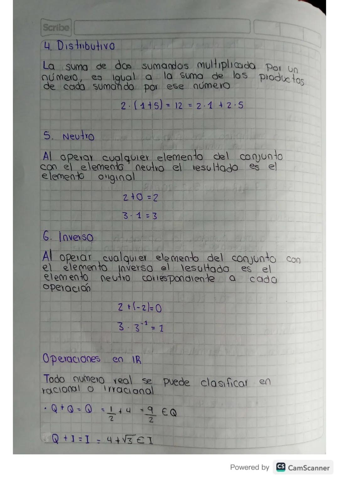 Scribe
# Propiedades de los numeros reales

Tiene una estructura algebraica, esto es, para los
operaciones definidas en IR, adición (+)
mult