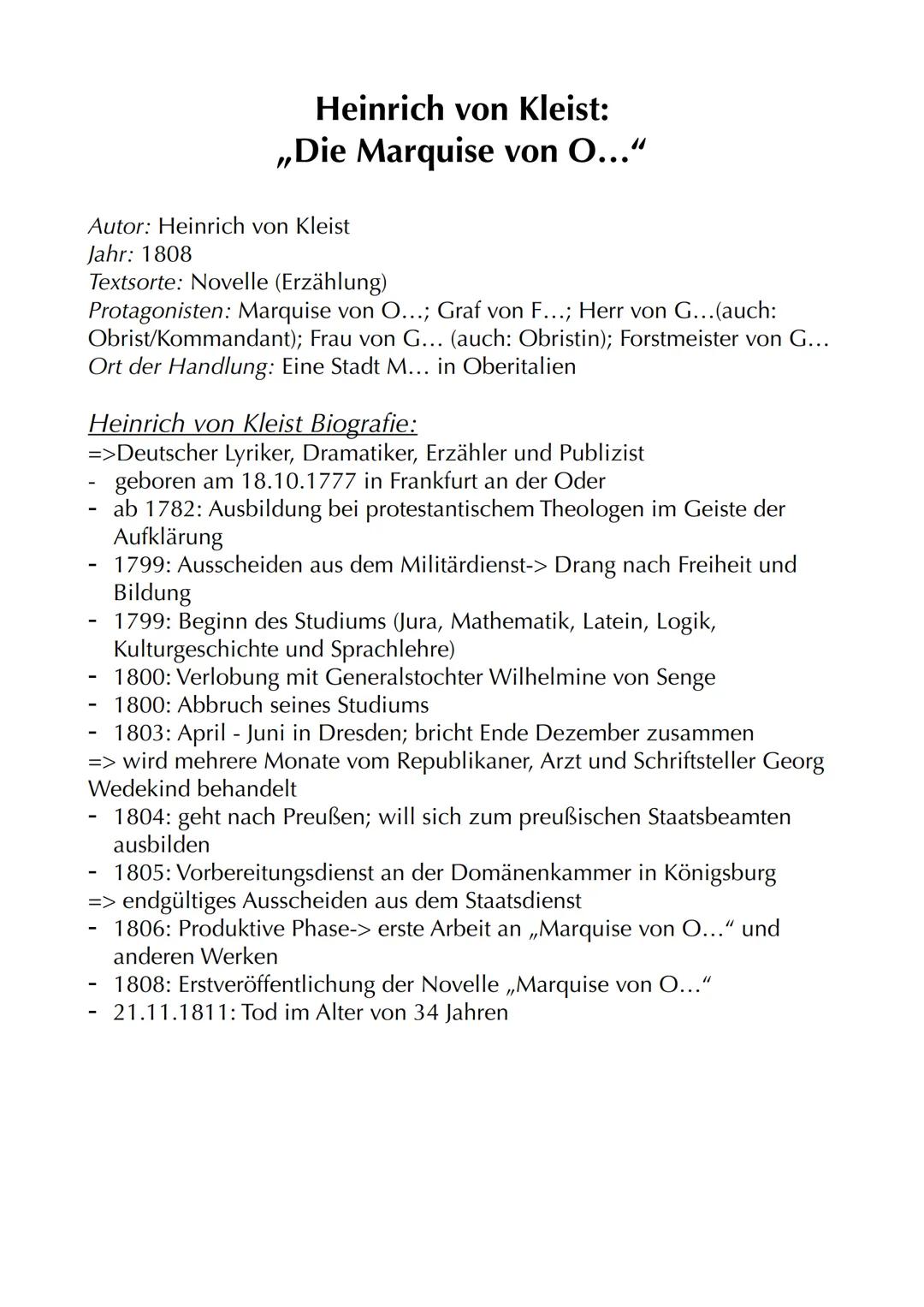 Heinrich von Kleist:
„Die Marquise von O..."

Autor: Heinrich von Kleist
Jahr: 1808
Textsorte: Novelle (Erzählung)
Protagonisten: Marquise v