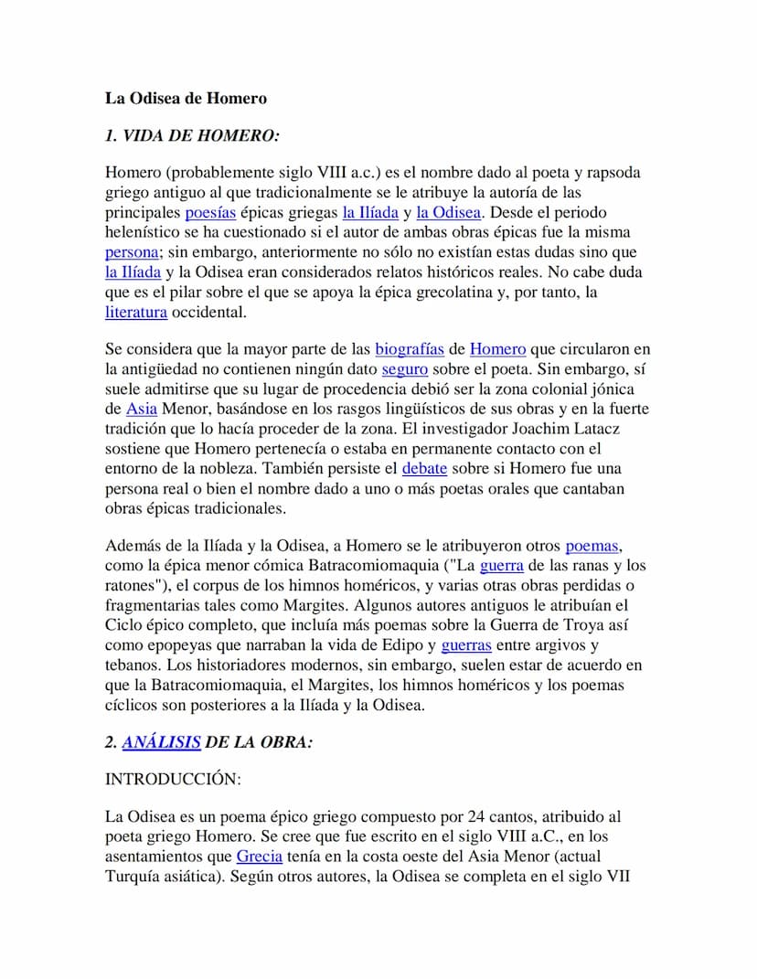 La Odisea de Homero
1. VIDA DE HOMERO:
Homero (probablemente siglo VIII a.c.) es el nombre dado al poeta y rapsoda
griego antiguo al que tra