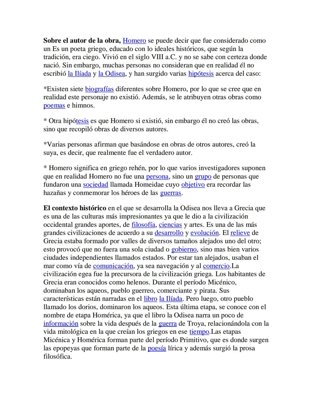 La Odisea de Homero
1. VIDA DE HOMERO:
Homero (probablemente siglo VIII a.c.) es el nombre dado al poeta y rapsoda
griego antiguo al que tra